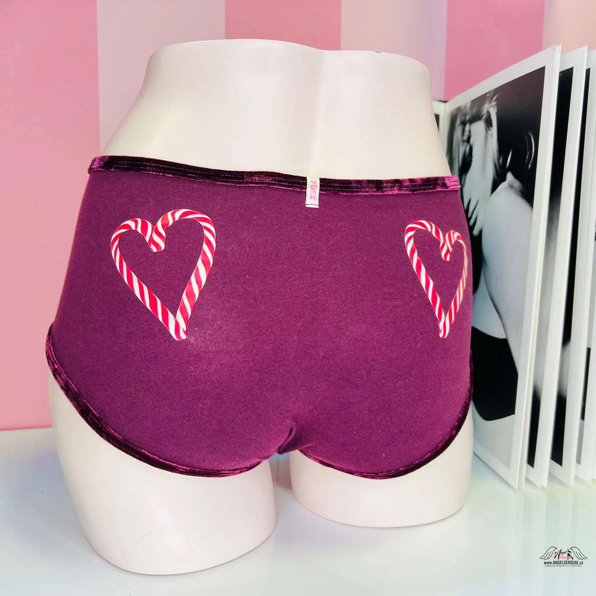 Velvet Trim Shortie Boyshort - S / Vínová / Nové se štítky - Kalhotky PINK