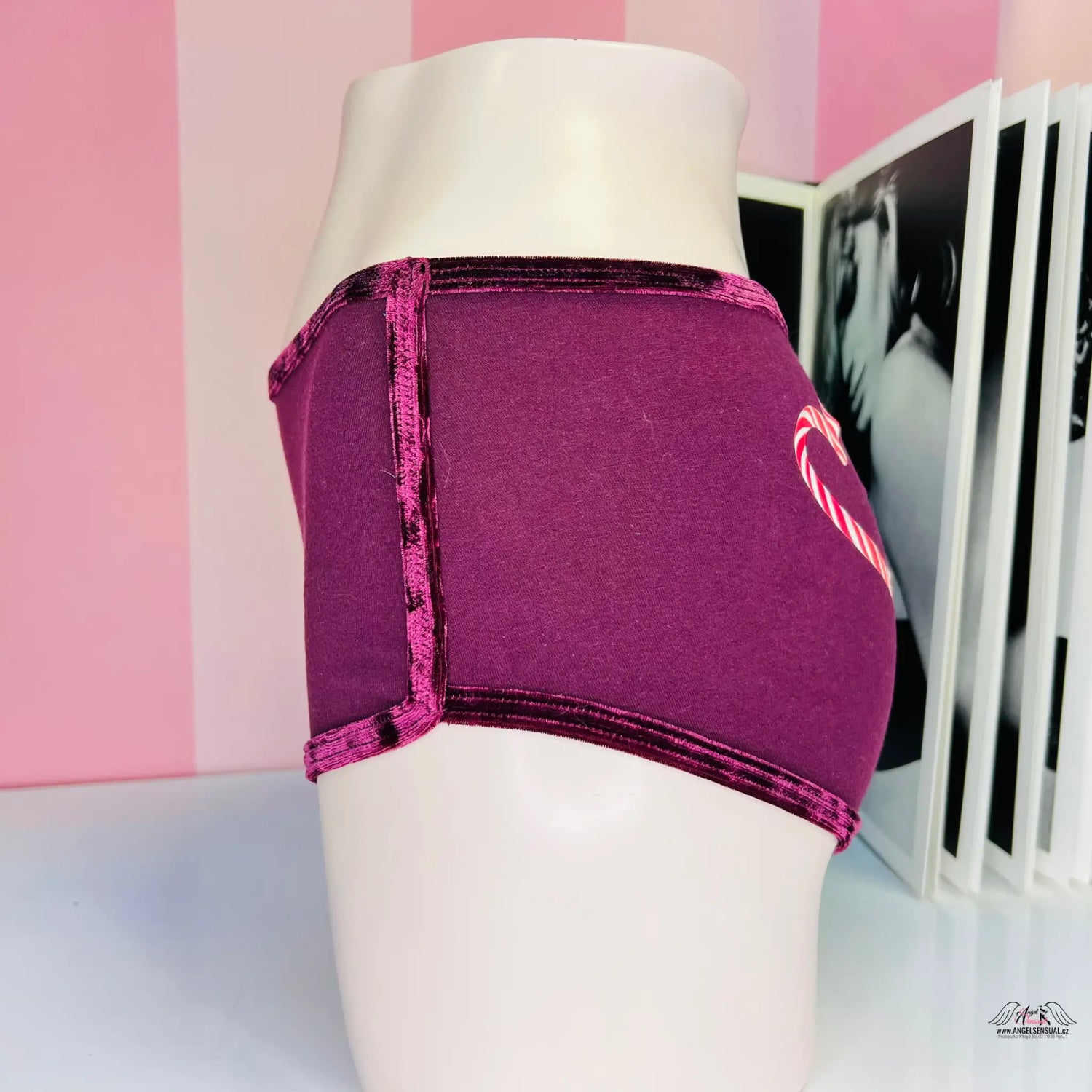 Velvet Trim Shortie Boyshort - S / Vínová / Nové se štítky - Kalhotky PINK